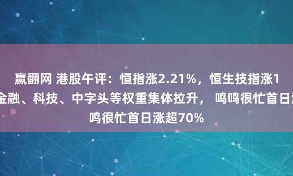 赢翻网 港股午评：恒指涨2.21%，恒生技指涨1.74%，金融、科技、中字头等权重集体拉升， 鸣鸣很忙首日涨超70%